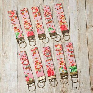 Strawberry Shortcake Fabric Keychain Wristlet: Vintage 1980s Handmade Key Fob